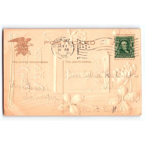 1909 Embossed New Year Postcard January 1 Pink Floral Lithograph - Picture 2 of 2